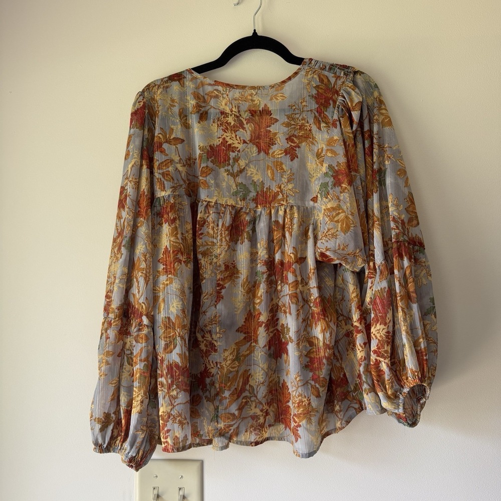 Maurices Fall Leaf Floral Peasant Blouse XL Gold Metallic Stripe Balloon Sleeve - Picture 5 of 5